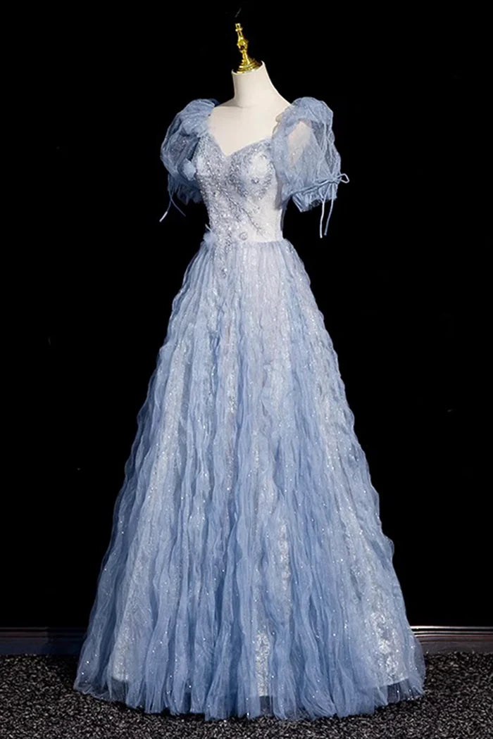 Blue Tulle Beads Long Prom Dress, A-Line Short Sleeve Evening Party Dress